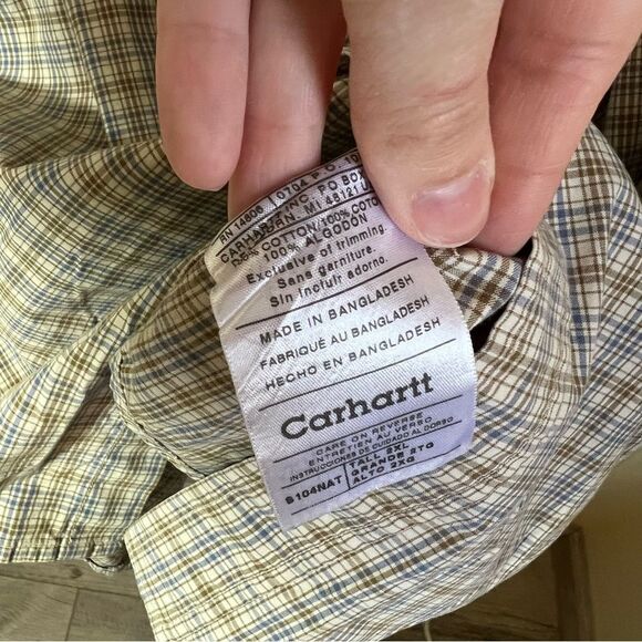 ✨ Carhartt Men’s Plaid Button Down Shirt Tan Blue 2XL Tall - Picture 7 of 10